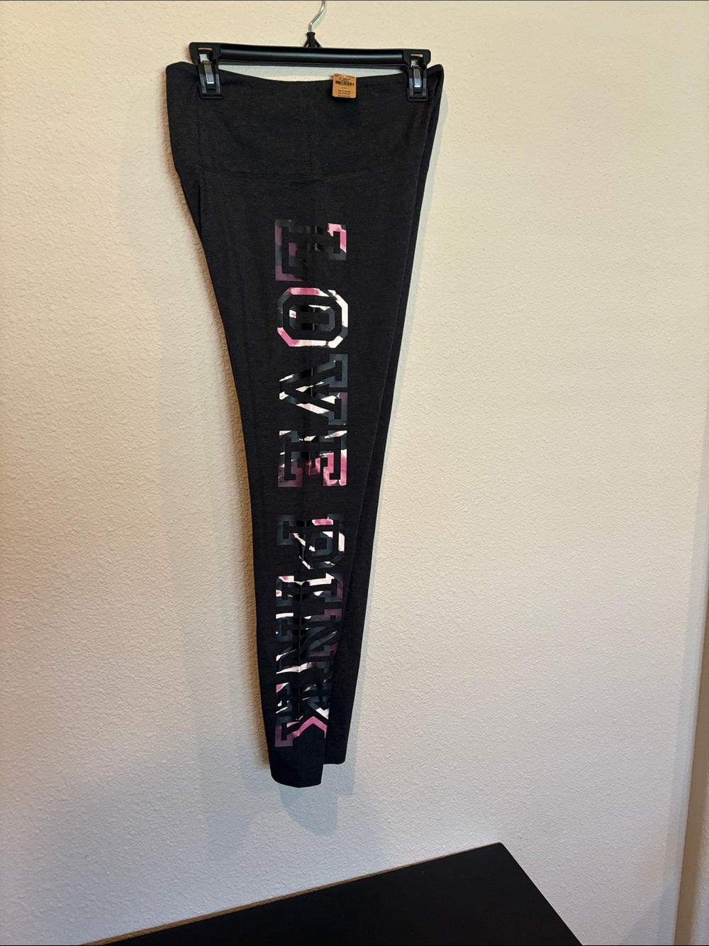 NWT L Victoria’s Secret PINK Black Leggings with Pink Accent Lettering